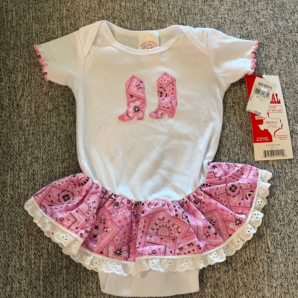 Pink bandana skirted onesie with boots on it